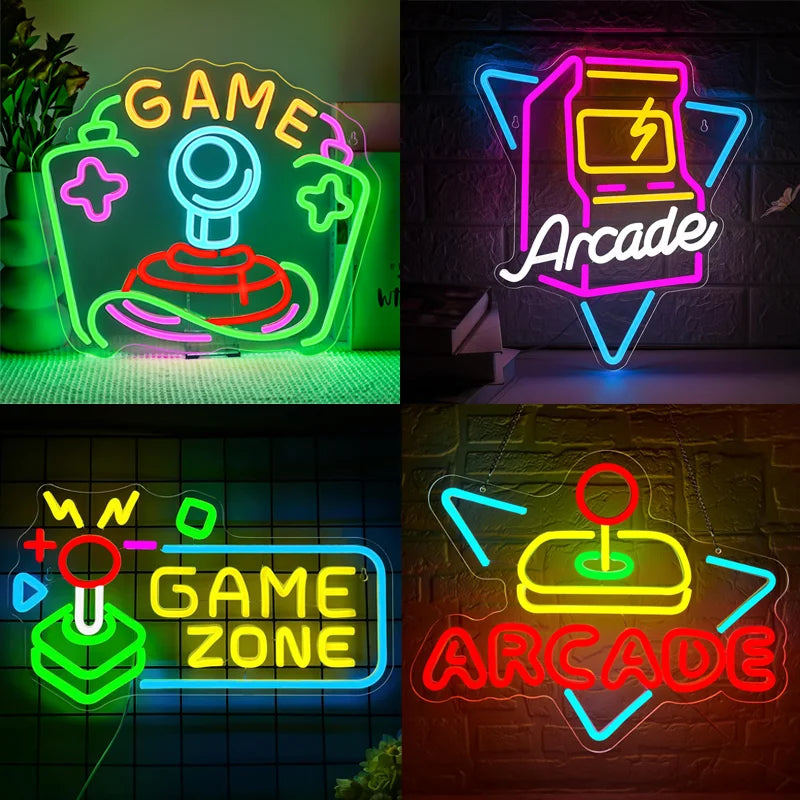 Letrero LED estilo neón con “GAME” y gamer, colores verde, rosa, amarillo y azul.