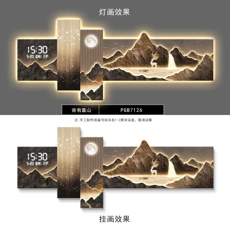 Conjunto de cuadros LED con reloj 15:30, paisaje de montañas y efecto colgante