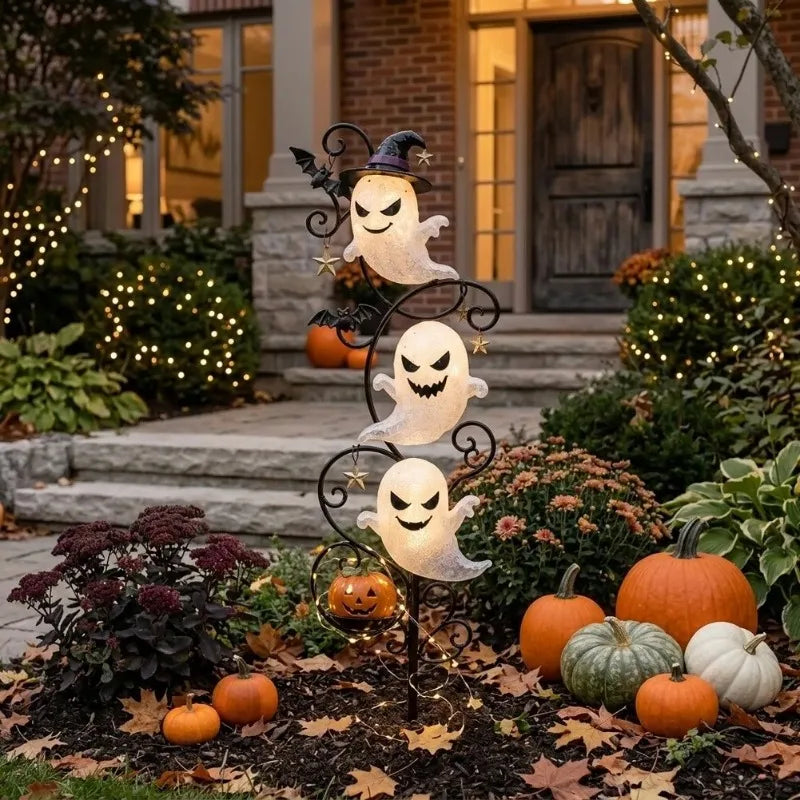 1pc 2D LED Lighted Halloween for Garden Stake with Witch Hat Bat Jack O Lantern Design for Yard Decor 45cm Metal Construction