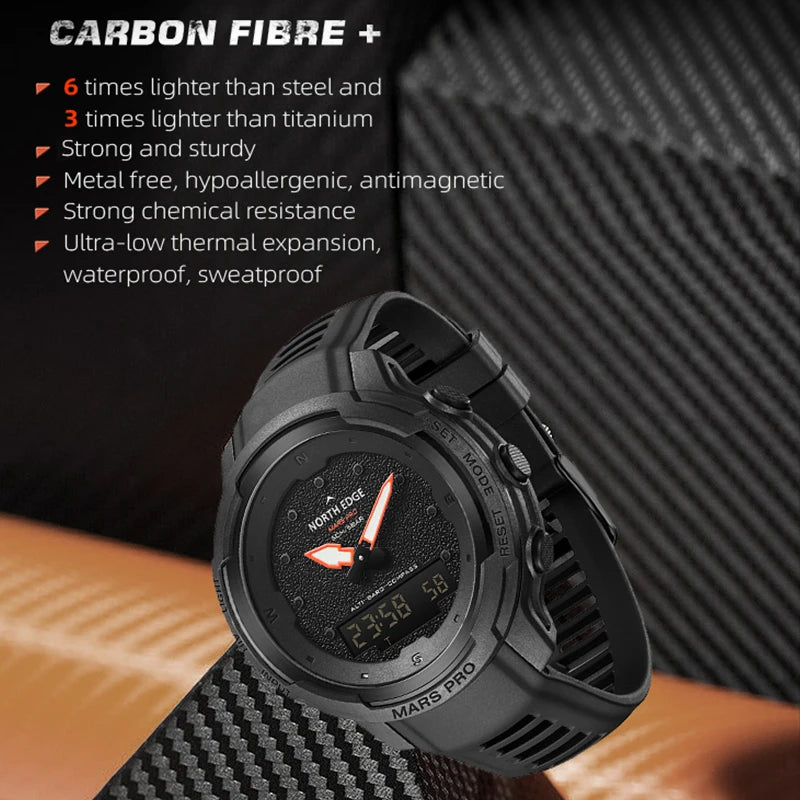 Reloj deportivo digital para hombre NORTH EDGE MARS Pro, caja de fibra de carbono, altímetro, barómetro, brújula, resistente al agua 50M