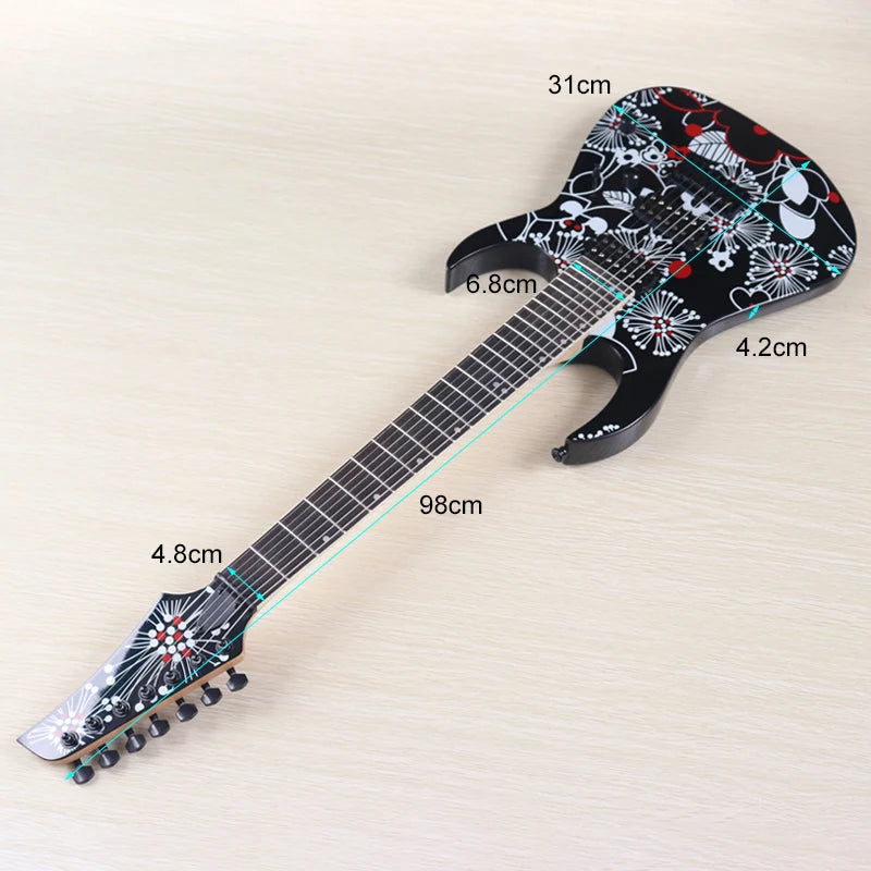Guitarra Eléctrica de 7 Cuerdas, 39 Pulgadas, Cuerpo de Madera de Tilo con Diseño Floral Negro, Mástil de Arce Canadiense, Acabado Brillante, Envío Gratuito a Estados Unidos