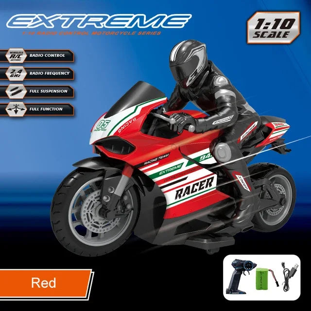 1:10 Large Scale Remote Control Motorcycle 25KM/H Stunt Drift TPR Soft Rubber Anti-fall Wheel Powerful Motor RC Motorcycle Car