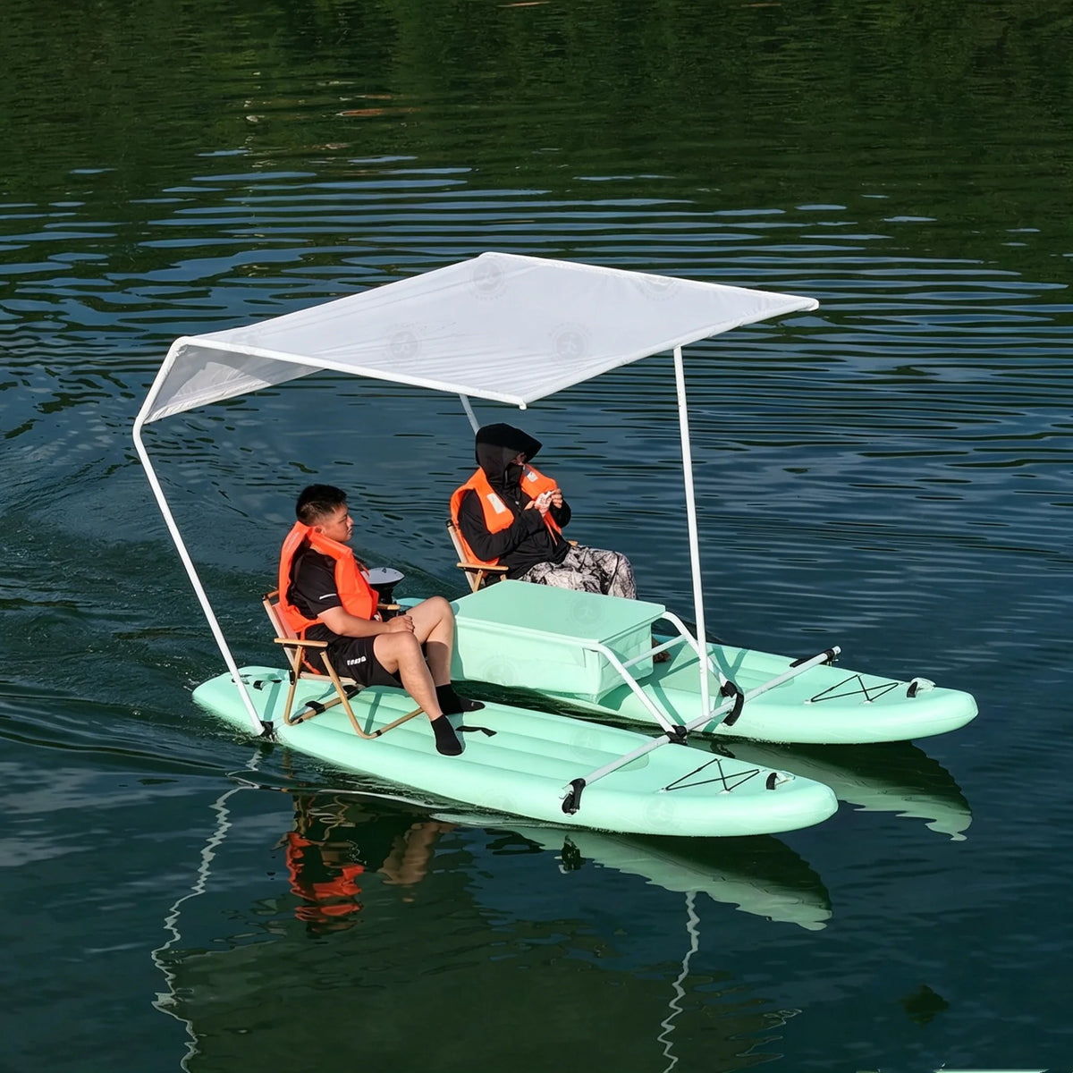 Bote Inflable Personalizable Canopy Cat - Catamarán con Remos y Toldo, Motor Eléctrico Listo para Aventuras Acuáticas