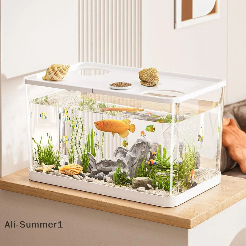 【E】Mini pecera de PET transparente, acuario hidropónico resistente a caídas con tapa, tanque ecológico de escritorio para el hogar, acuario fácil de mantener para tortugas
