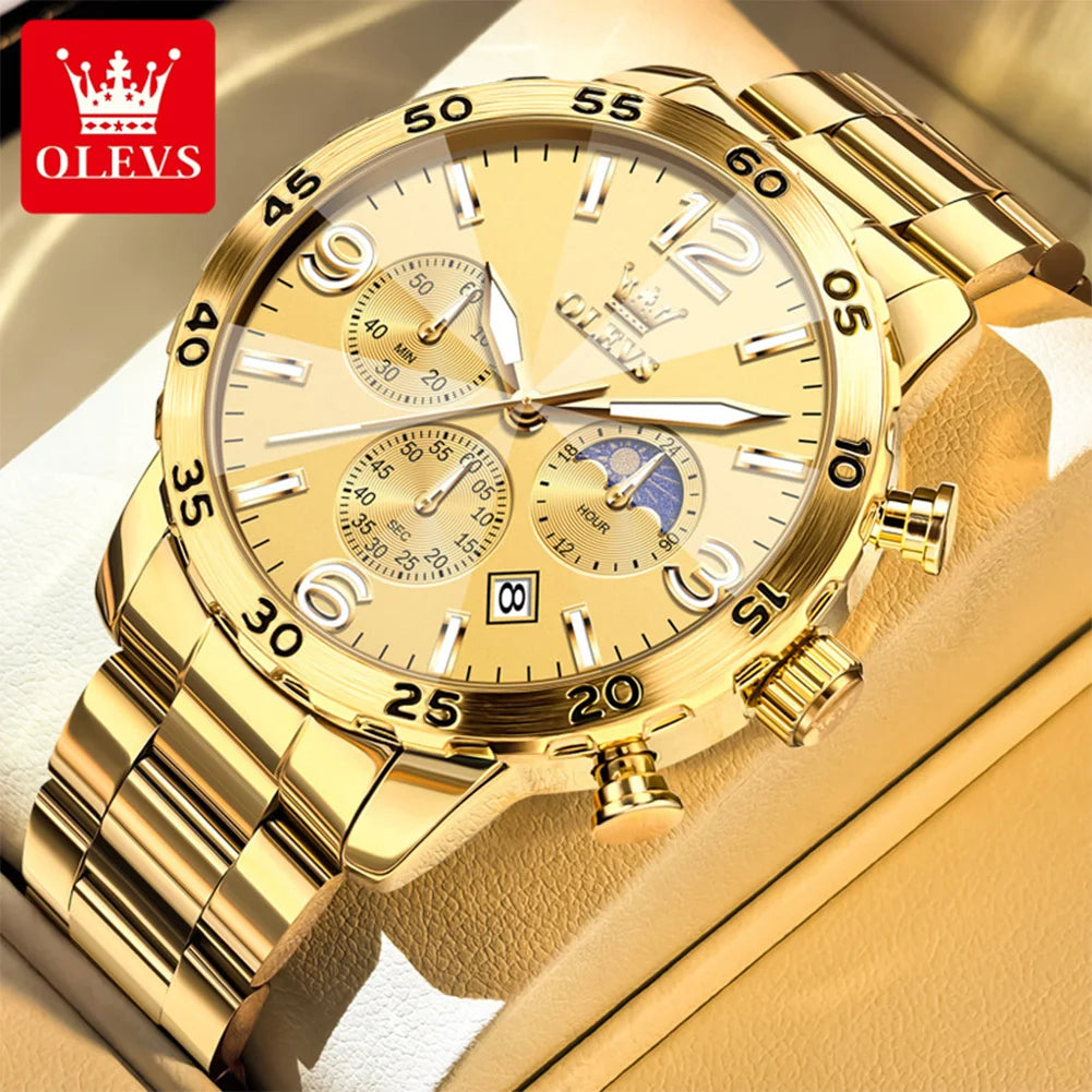 Reloj para hombre OLEVS 3678, reloj de cuarzo original de acero inoxidable, impermeable, luminoso, con fase lunar y calendario automático, regalo para hombre