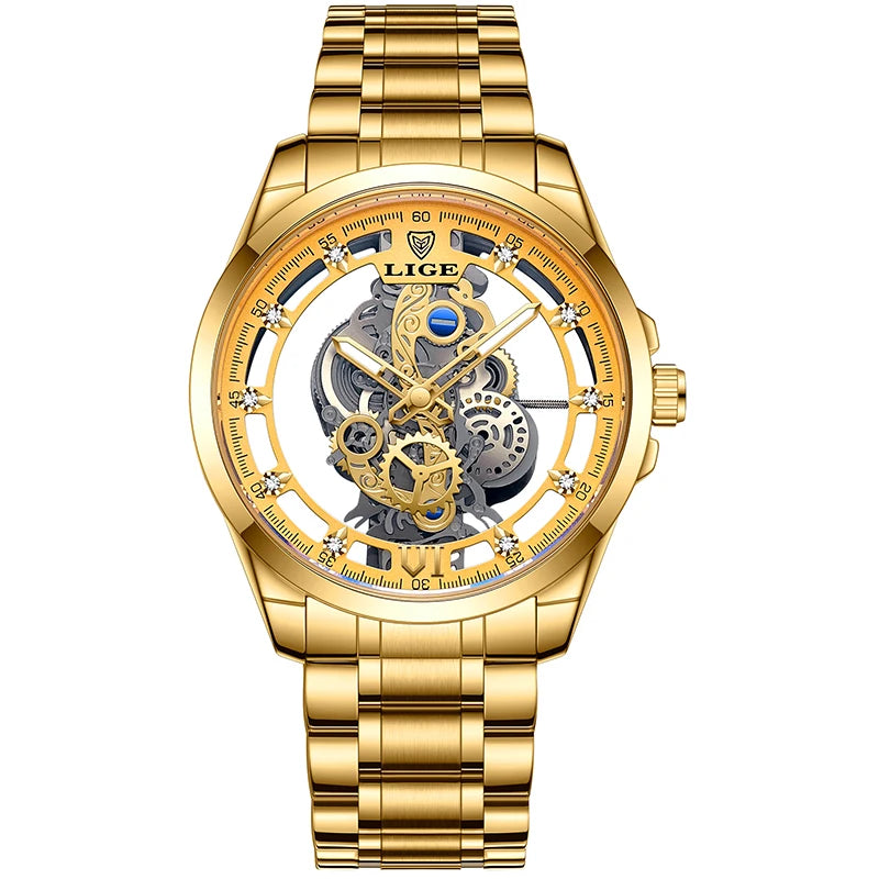 Reloj automático de cuarzo LIGE para hombre, reloj esqueleto dorado, reloj vintage para hombre, relojes de hombre de marca de lujo