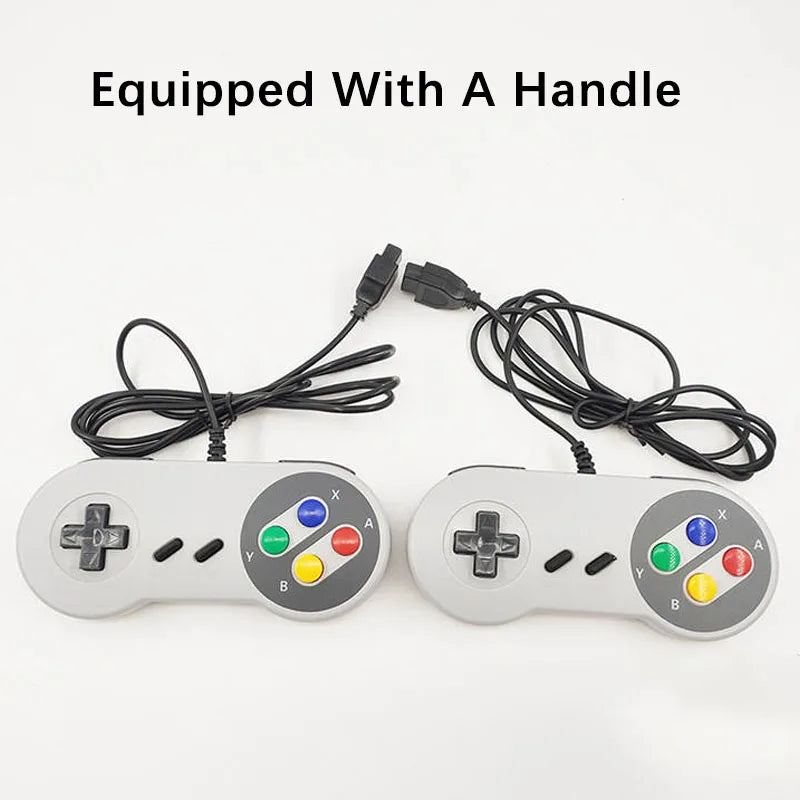 Dos mandos blancos con cables y consola retro con ranura superior
