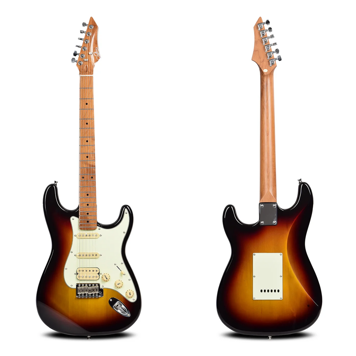 Guitarra eléctrica de estilo rock ST PRO 22, con trastes, pastillas Alnico 5 HSS, mástil de arce, cuerpo con acabado brillante, herrajes cromados, 6 cuerdas, ideal para guitarristas de rock.