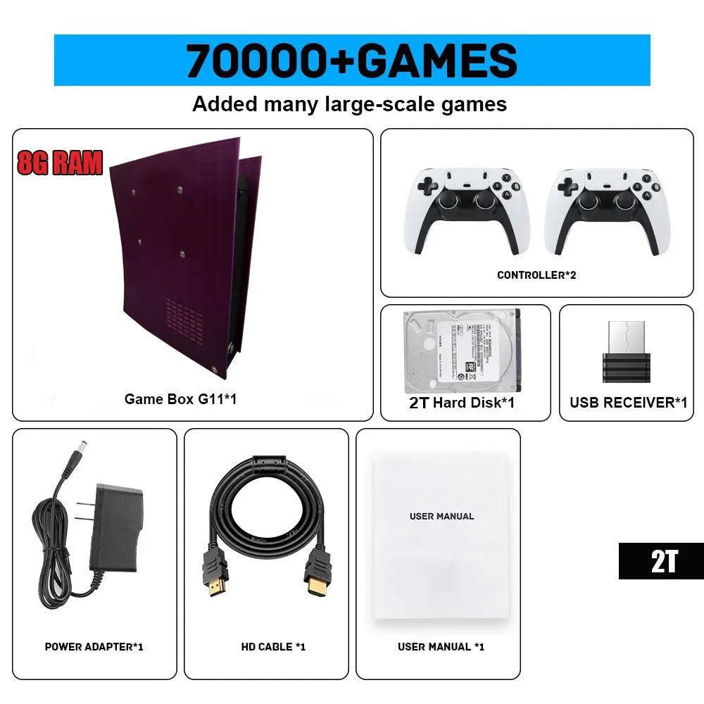 Consola de videojuegos retro G11, disco duro de 500 GB, con más de 70 000 juegos, salida de alta definición 4K, más de 60 emuladores, compatible con Xbox y Wii, y con mando inalámbrico.
