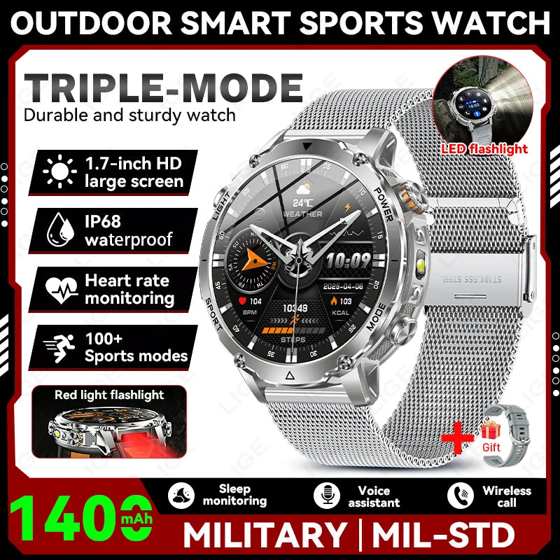 Reloj inteligente deportivo con batería ultra grande de 1400 mAh, frecuencia cardíaca, linterna táctica potente, resistente al agua 10ATM y llamadas para hombre