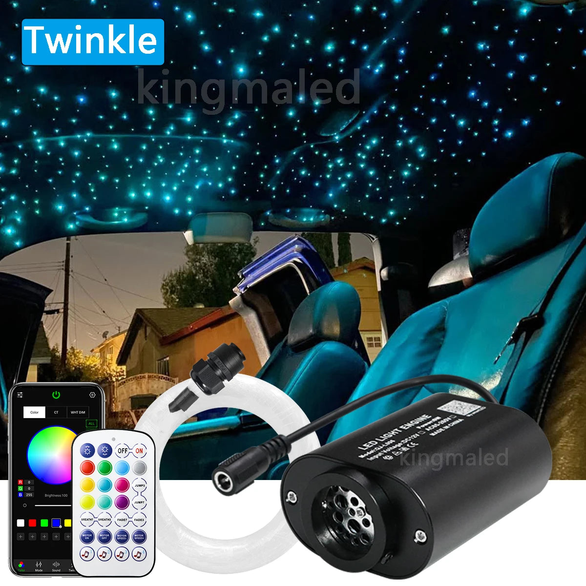 Kit de luces LED de fibra óptica para cielo estrellado, 6W, RGBW, control por aplicación, para techo de coche o interiores