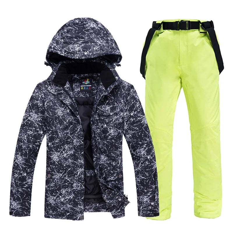 -30 Conjuntos de trajes de nieve blancos para hombres o mujeres Ropa de invierno al aire libre Ropa de snowboard Disfraces impermeables Chaqueta de esquí + Baberos de pantalón de nieve