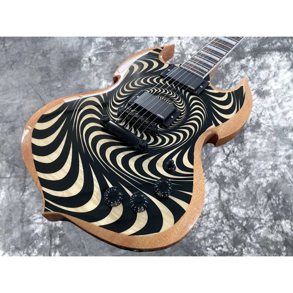 Nueva Guitarra Eléctrica Wylde Audio en Negro y Beige con Diseño Espiral Hipnótico, Acabado en Madera Natural, Dos Humbuckers EMG, Puente Fijo Negro