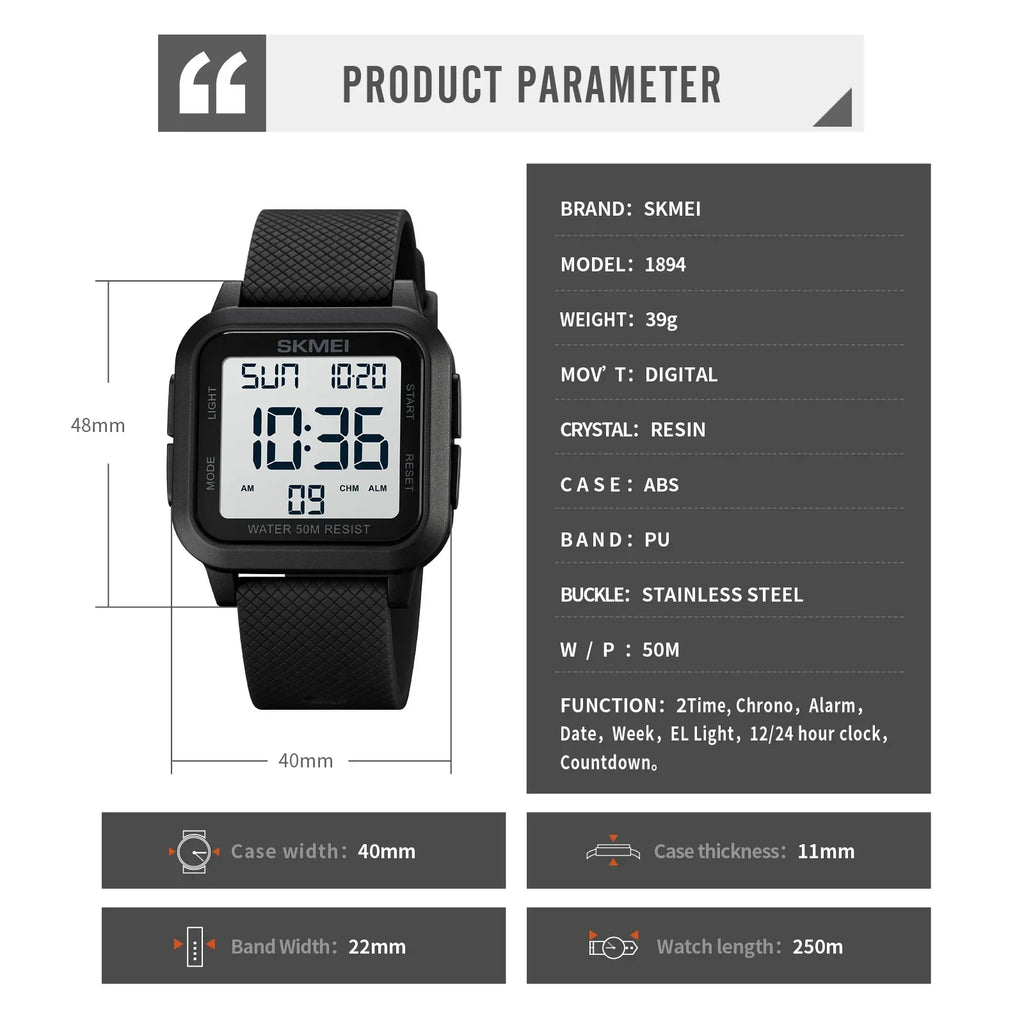 Reloj digital militar SKMEI 1894 para hombre, resistente al agua, reloj deportivo electrónico a prueba de golpes, con cuenta regresiva 1841 Montre Homme