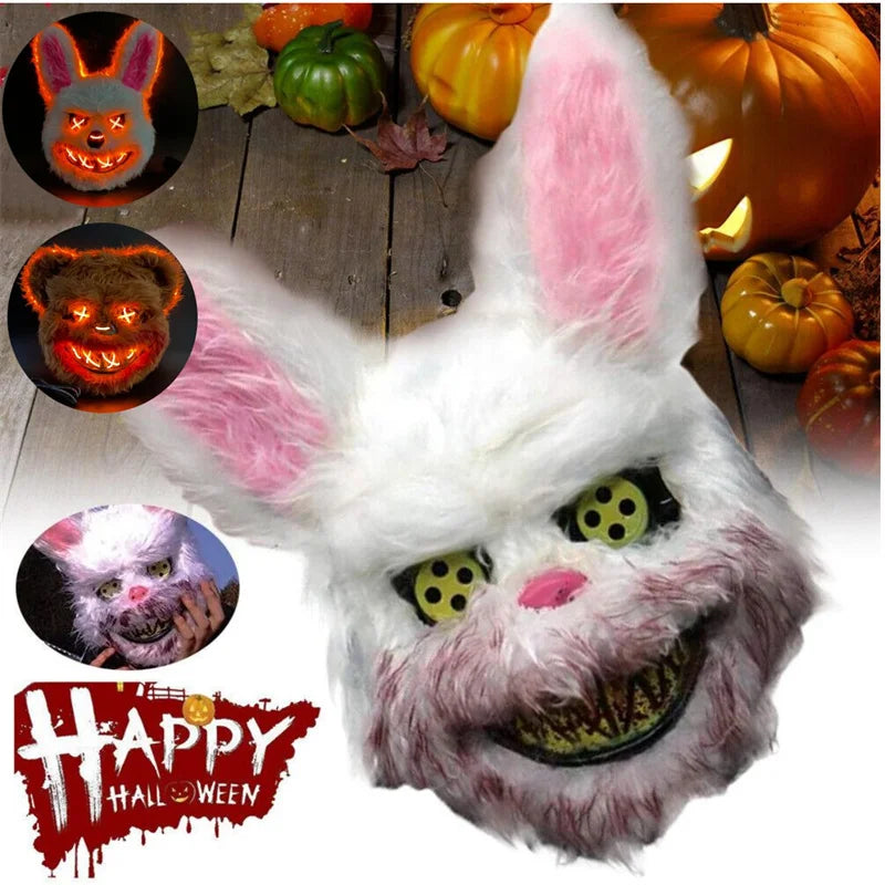 Máscara facial con luz LED luminosa para fiesta de Halloween, maquillaje, máscara de oso conejo de terror, tocado, cubierta para cabeza de Carnaval de animales de dibujos animados