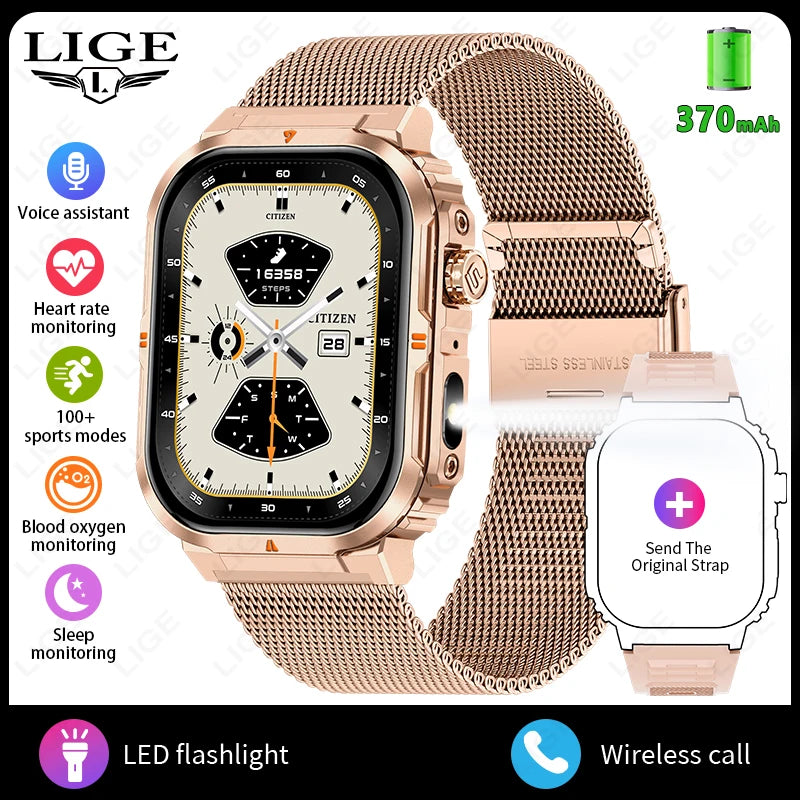 LIGE New Sports Smart Watch 2.01" HD Make Answer Call Voice Assistant Flashlight Outdoor 370mAh Battery Smartwatch For Men Women