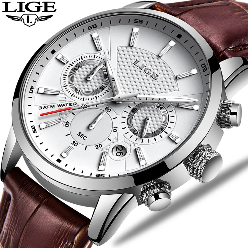LIGE Watch MenTop Brand Luxury Casual Leather Quartz Mens Watches Man Business Clock Male Sport Waterproof Date Chronograph