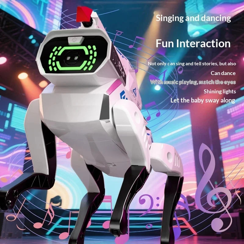 Perro robot blanco con patas negras y pantalla LED verde en el pecho