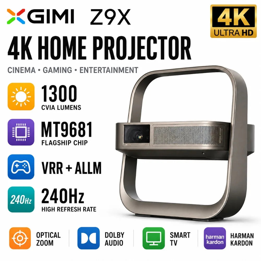 Proyector XGIMI Z9X 4K 1300 CVIA Cine en Casa Teatro en Casa Juegos VRR ALLM 240Hz Dolby Audio Zoom Óptico TV Harman Kardon MT9681