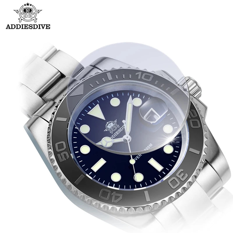 Reloj de cuarzo para hombre ADDIESDIVE, resistente al agua 200 m, bisel de cerámica, reloj de acero, cristal con lupa, luminiscencia azul BGW9, reloj de buceo