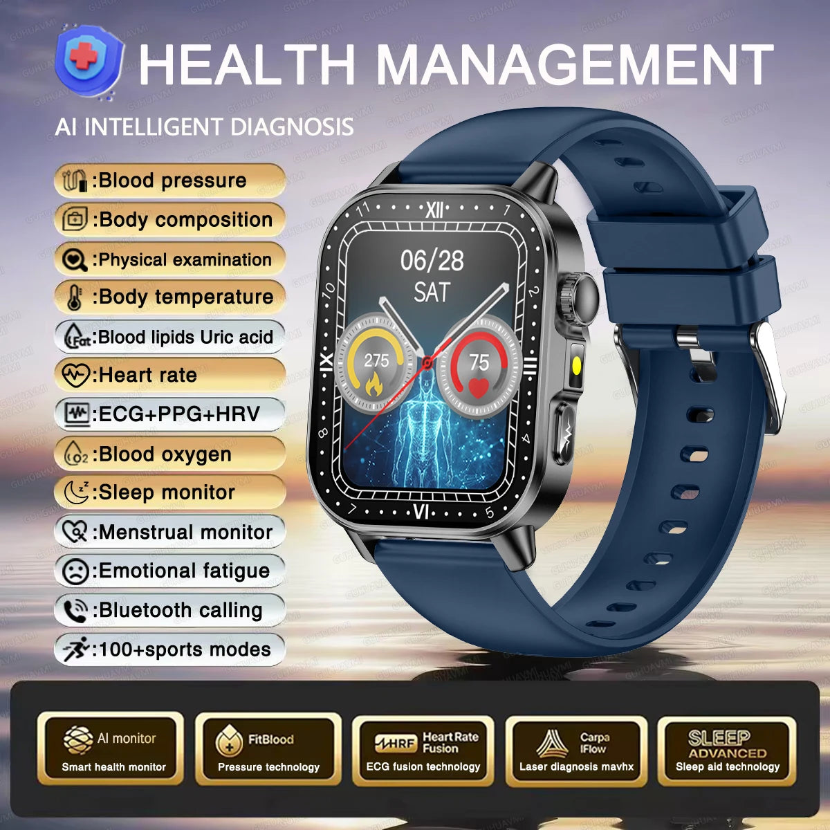 2026 Nuevo y preciso diagnóstico Reloj inteligente ECG oxígeno en sangre PA Ácido úrico Lípidos Salud HD AMOLED Pantalla para llamadas Reloj inteligente Hombres Mujeres