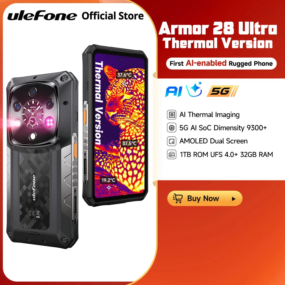 Teléfono resistente Ulefone Armor 28 Ultra 5G con cámara térmica, procesador MTK Dimensity 9300+, pantalla AMOLED, smartphone Android con 1 TB de ROM