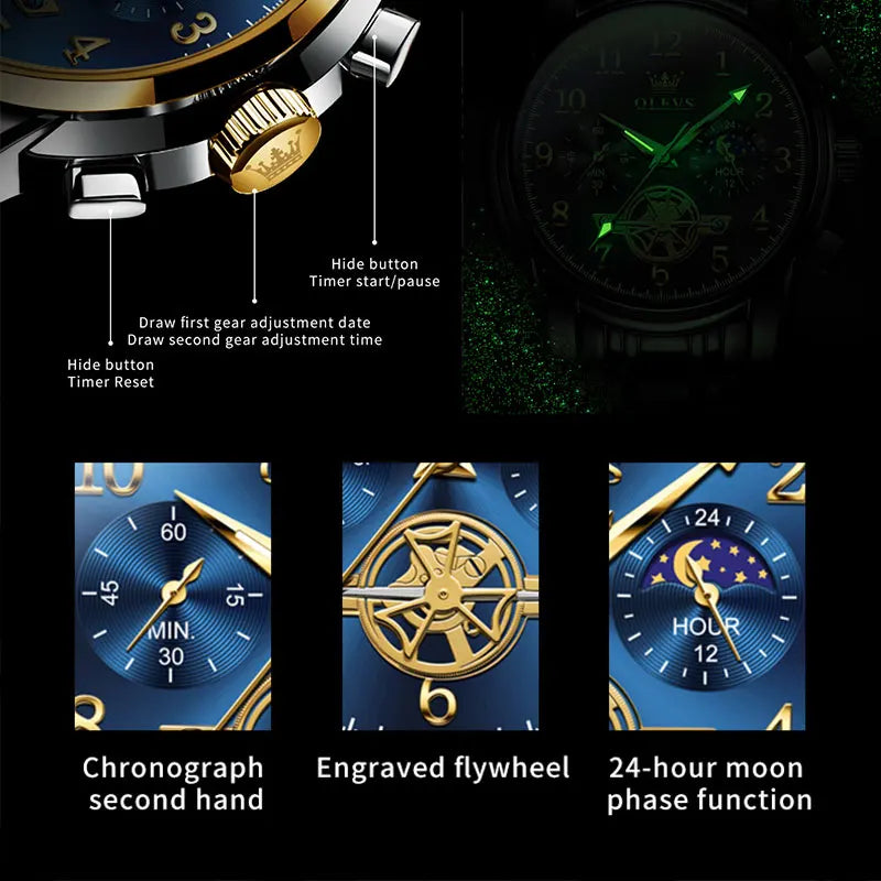 Reloj OLEVS 2900 de fase lunar para hombre, de acero inoxidable, resistente al agua, luminoso, a la moda, esqueleto, cronógrafo, reloj de cuarzo para hombre, NUEVO