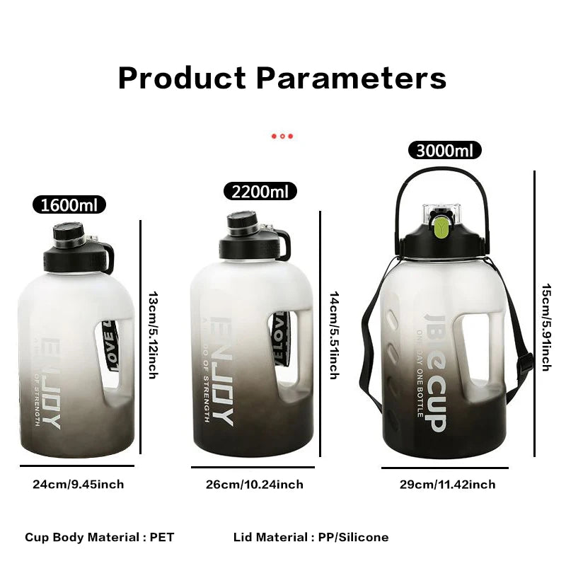 Botella de agua deportiva de 3 litros con asa, gran capacidad, Fitness con hervidor degradado de escala, botella de agua portátil de plástico para exteriores