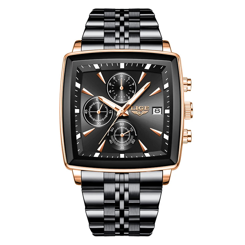 Relojes de lujo LIGE para hombre, esfera cuadrada, acero inoxidable, resistente al agua, luminoso, fecha automática, cronógrafo, reloj de cuarzo para hombre + caja