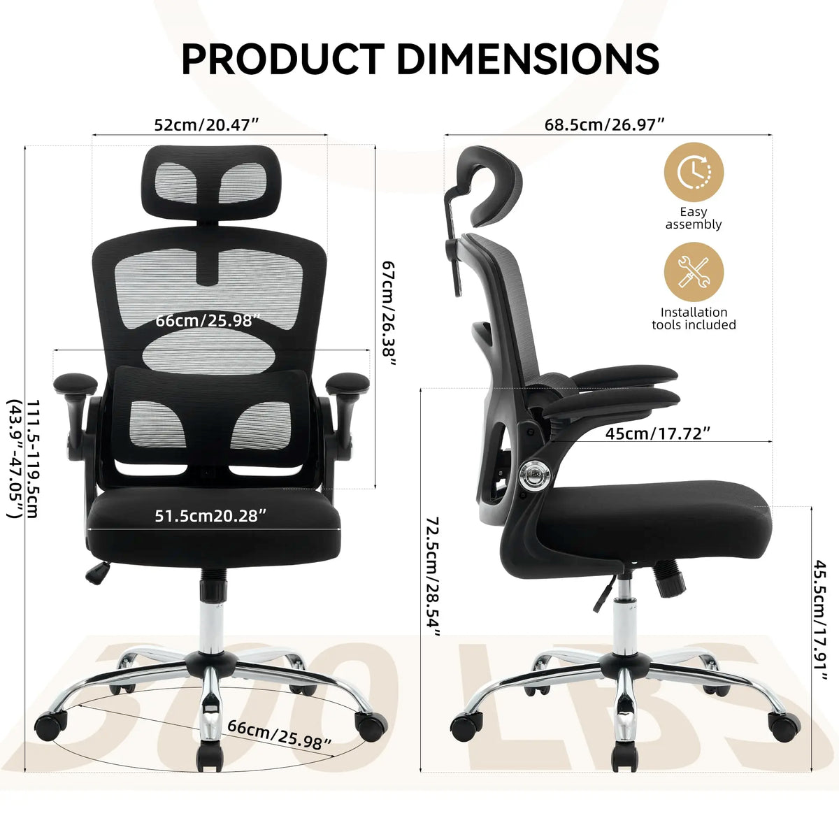 Silla ergonómica negra con respaldo de malla y dimensiones; vista frontal y lateral.
