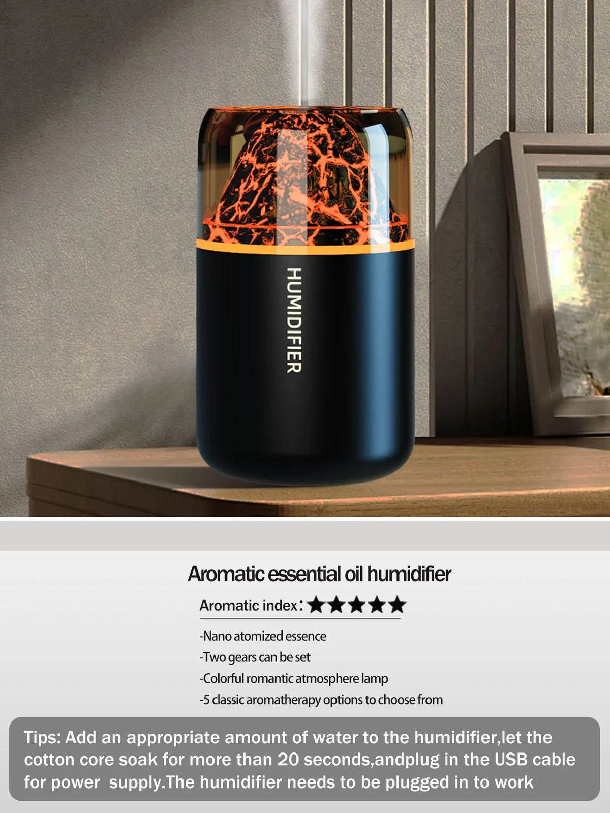 El difusor de aromaterapia USB humidificador con lámpara de color volcánico simulado es adecuado para usar en automóviles, hogares, dormitorios, como regalo,