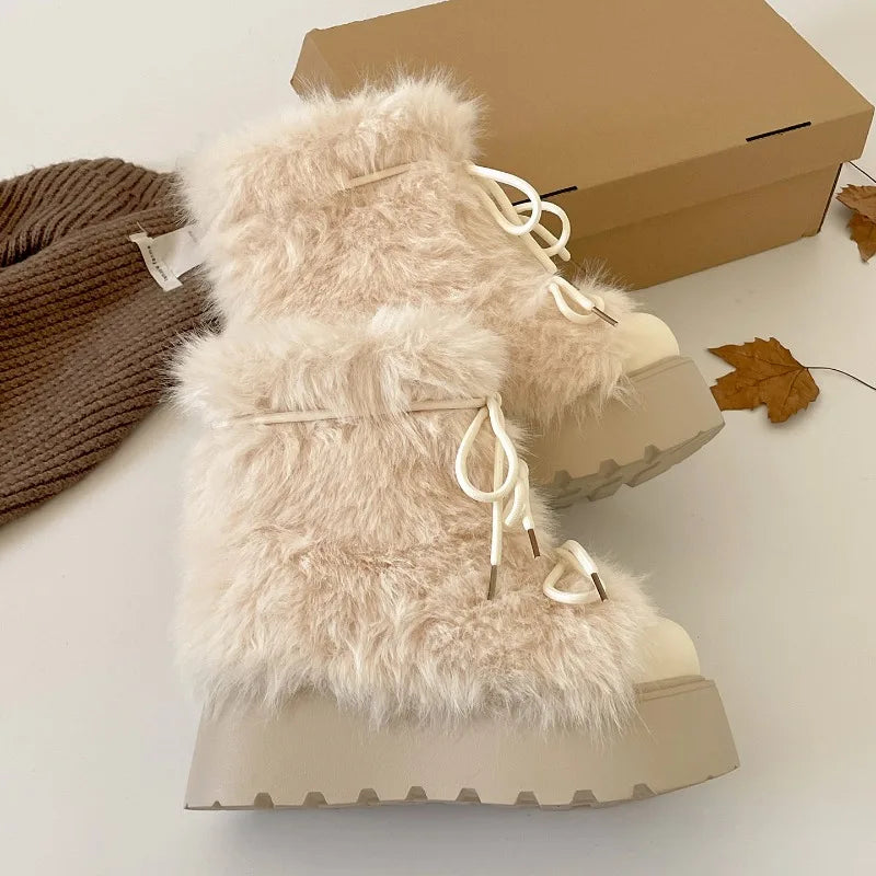Botas de nieve para mujer con forro de piel, ideales para el invierno, de diseño sencillo, con plataforma que aumenta la altura, cálidas, de algodón y de caña corta. Zapatos de mujer.