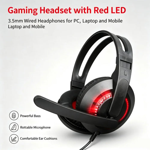 Auriculares gaming con diadema negra y luces LED rojas, con micrófono