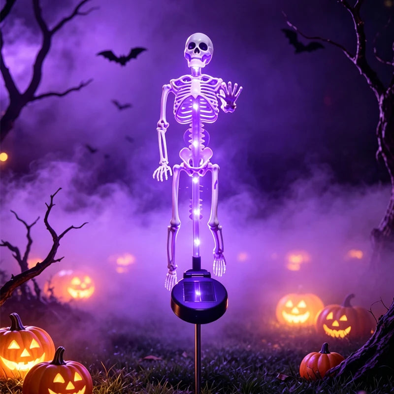 1 pieza, esqueleto solar brillante para jardín, impermeable, para exteriores, estaca LED morada y naranja, decoración de terror para fiestas de Halloween, senderos y patios