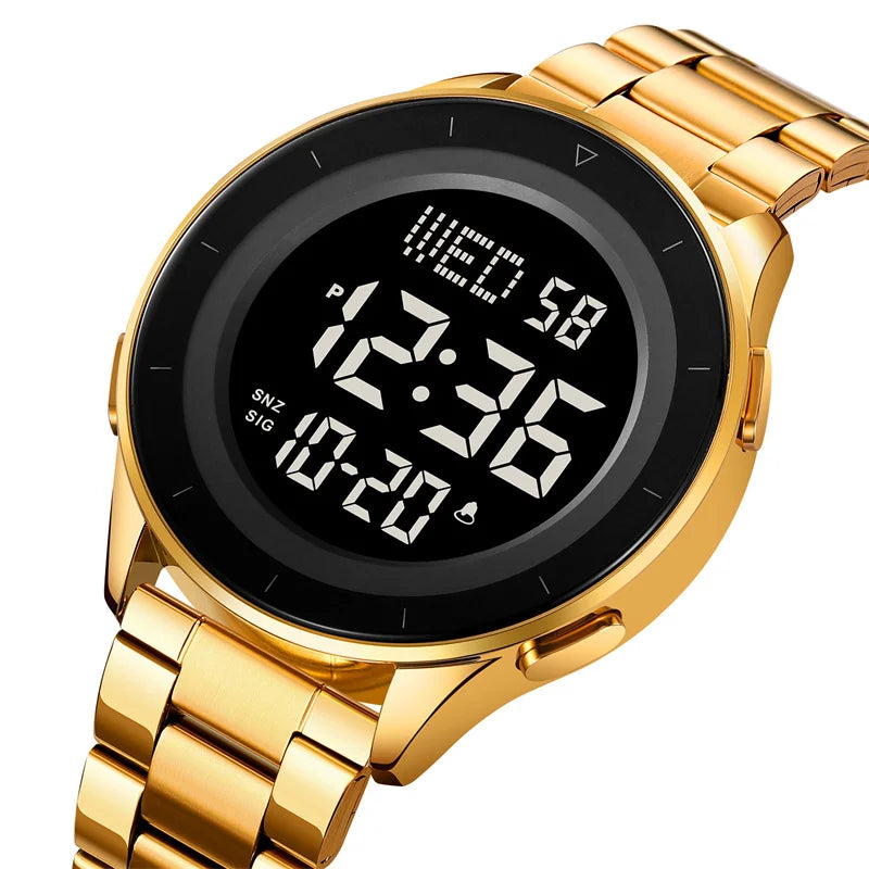 Reloj de pulsera digital LED con doble zona horaria Skmei, correa de acero de lujo, resistente al agua 3Bar, reloj deportivo militar para hombre con alarma