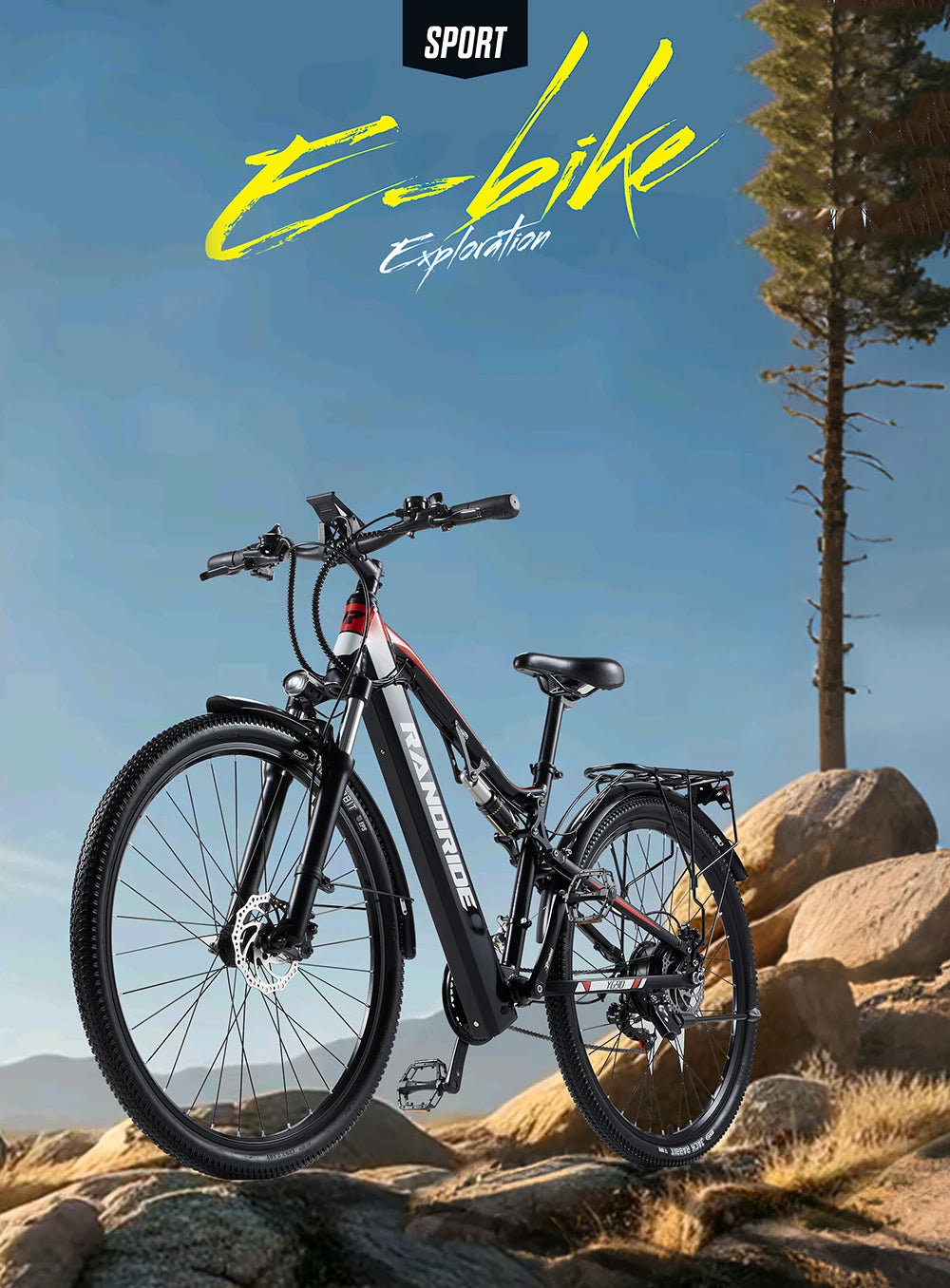 Bicicleta eléctrica de montaña urbana para adultos RANDRIDE YG90B-29 de 29 pulgadas, motor sin escobillas de 1000 W, batería de litio de gran capacidad de 48 V 17 Ah, frenos de disco hidráulicos para desplazamientos y conducción todoterreno