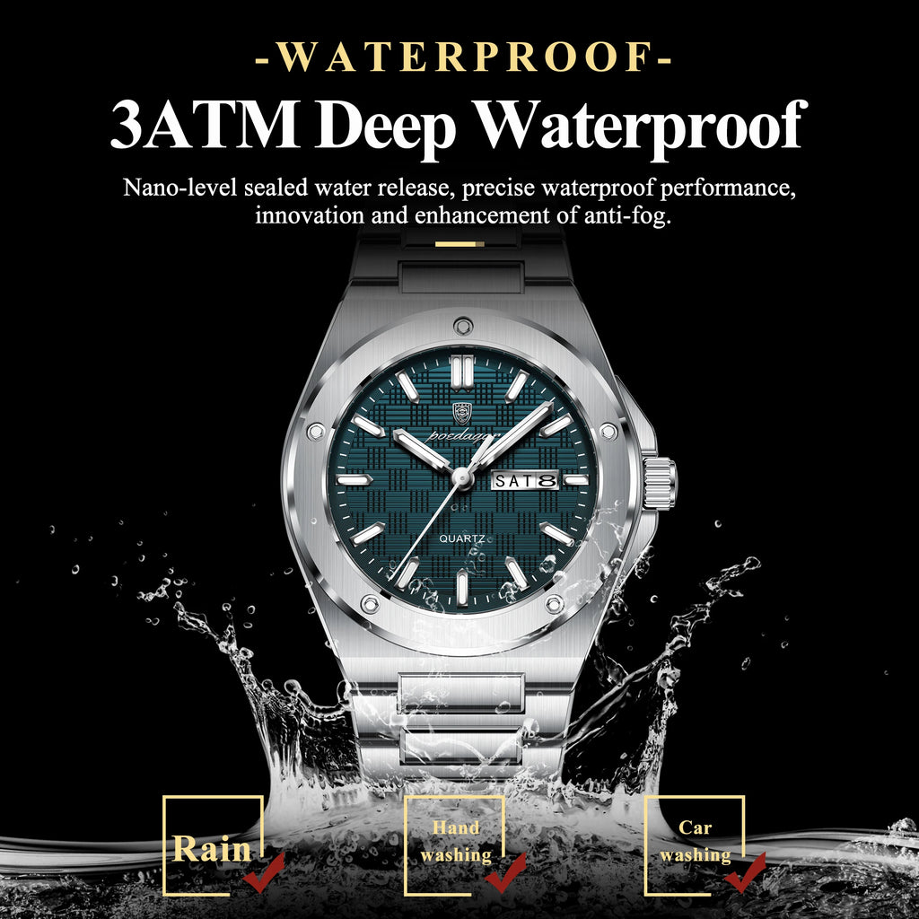 Reloj de pulsera de cuarzo para hombre POEDAGAR, resistente al agua, luminoso, con fecha y día, reloj casual de acero inoxidable para hombre