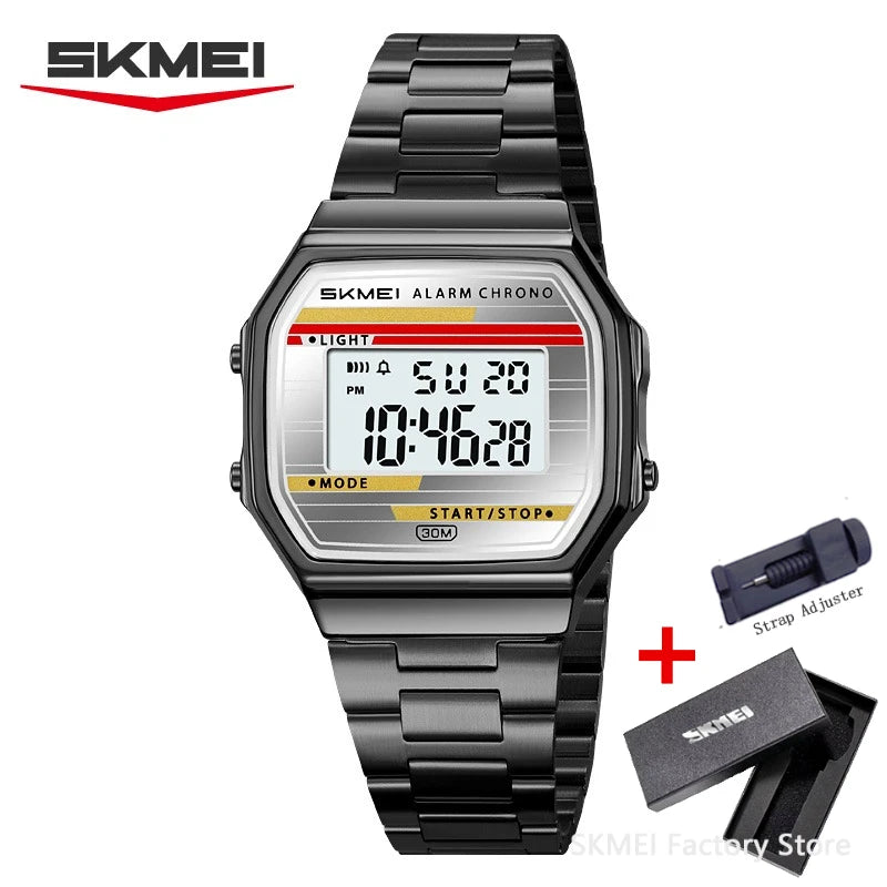 SKMEI Stainless Steel Watch for Men LED Men's Digital Wristwatches Light Retro Square Gold Case Stopwatch Alarm Classic Reloj