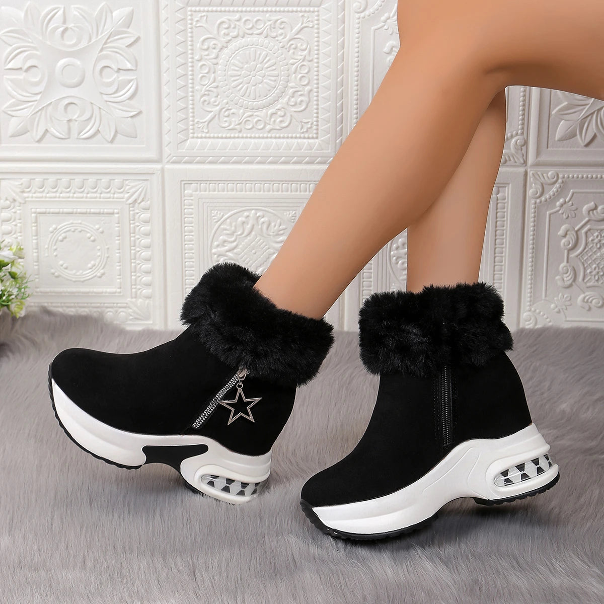 Botas informales de tacón alto para mujer, zapatos de cuña peluda gruesa, botas de nieve con plataforma para exteriores, invierno, 2024