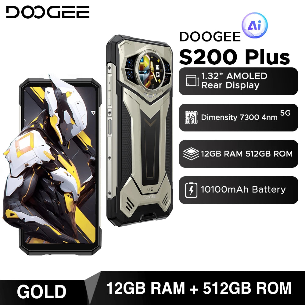 Estreno mundial del teléfono inteligente ultra resistente DOOGEE S200 Plus 5G con IA, Dimensity 7300, pantalla trasera de 1,32", 12+512 GB, pantalla de 6,72" y batería de 10100 mAh