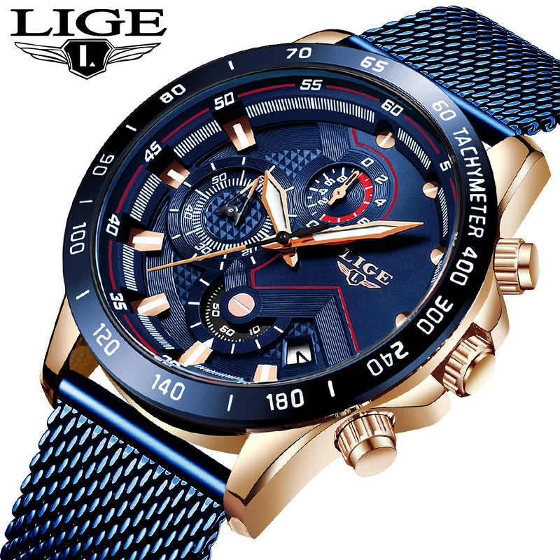 Reloj de cuarzo LIGE de marca superior de lujo para hombre, reloj de moda de negocios con correa de malla, resistente al agua, luminoso, cronógrafo