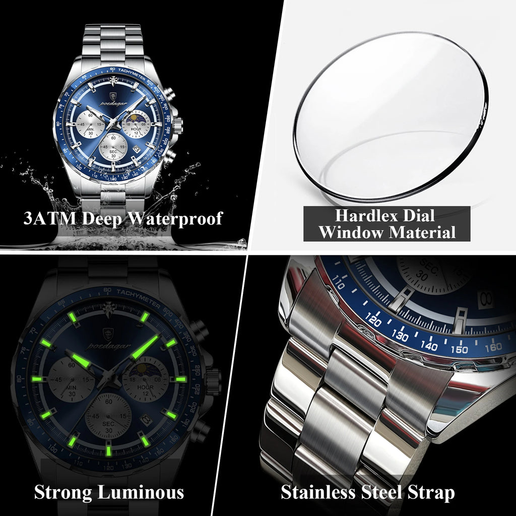 POEDAGAR Fashion Sports Man Wristwatch Waterproof Stainless Steel Luminous Men Watch Chronograph Date Quartz Men's Watches Reloj
