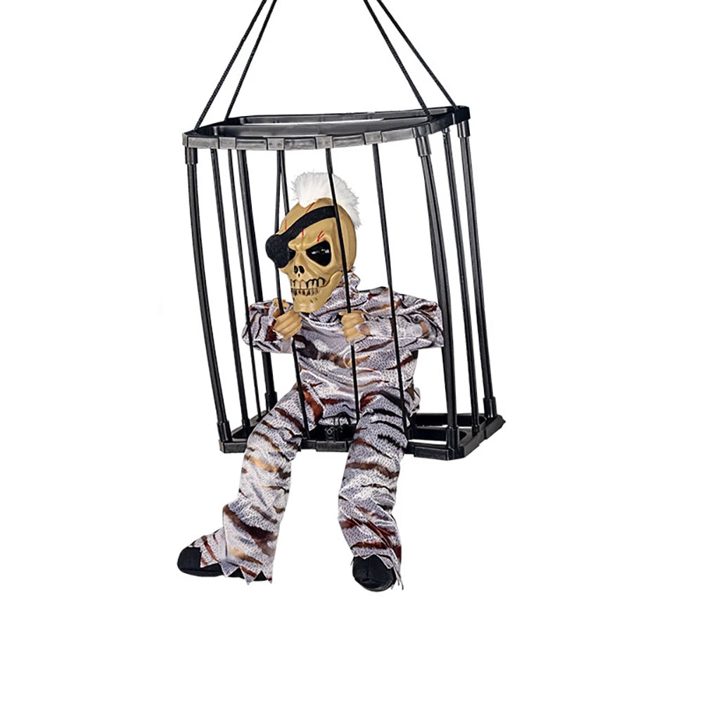 Juguete de fantasma colgante para Halloween, sensor de movimiento, ojos LED, fantasma en jaula de prisionero aterrador, funciona con pilas, activado por voz, gritos espeluznantes, decoración de zombi