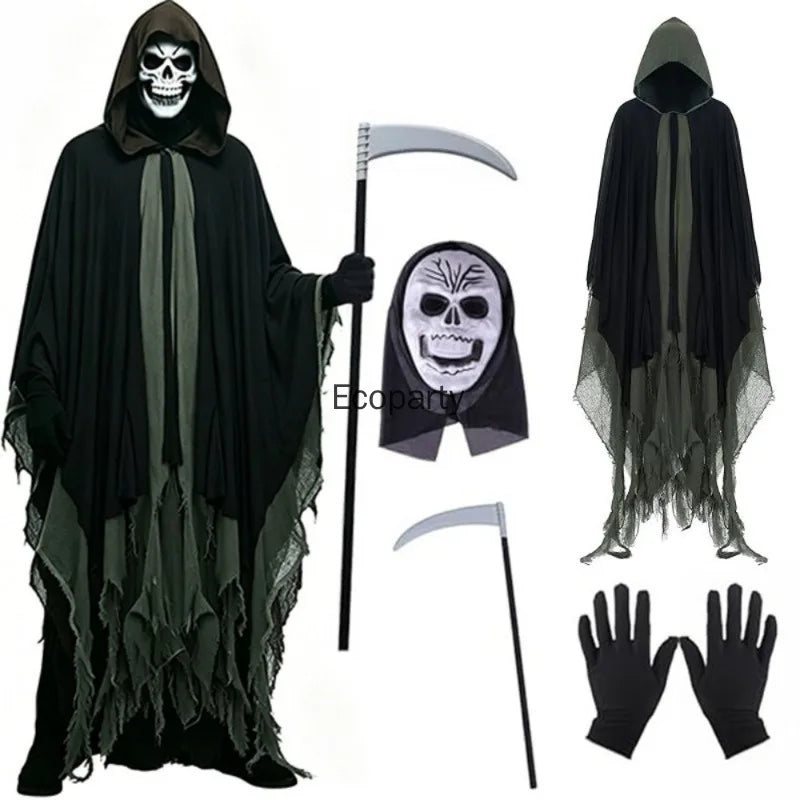 Horror Grim Reaper Costume Set Adult Halloween Ghost Dementors Cosplay Hooded Cloak with Mask Glovs for Day of The Dead Party