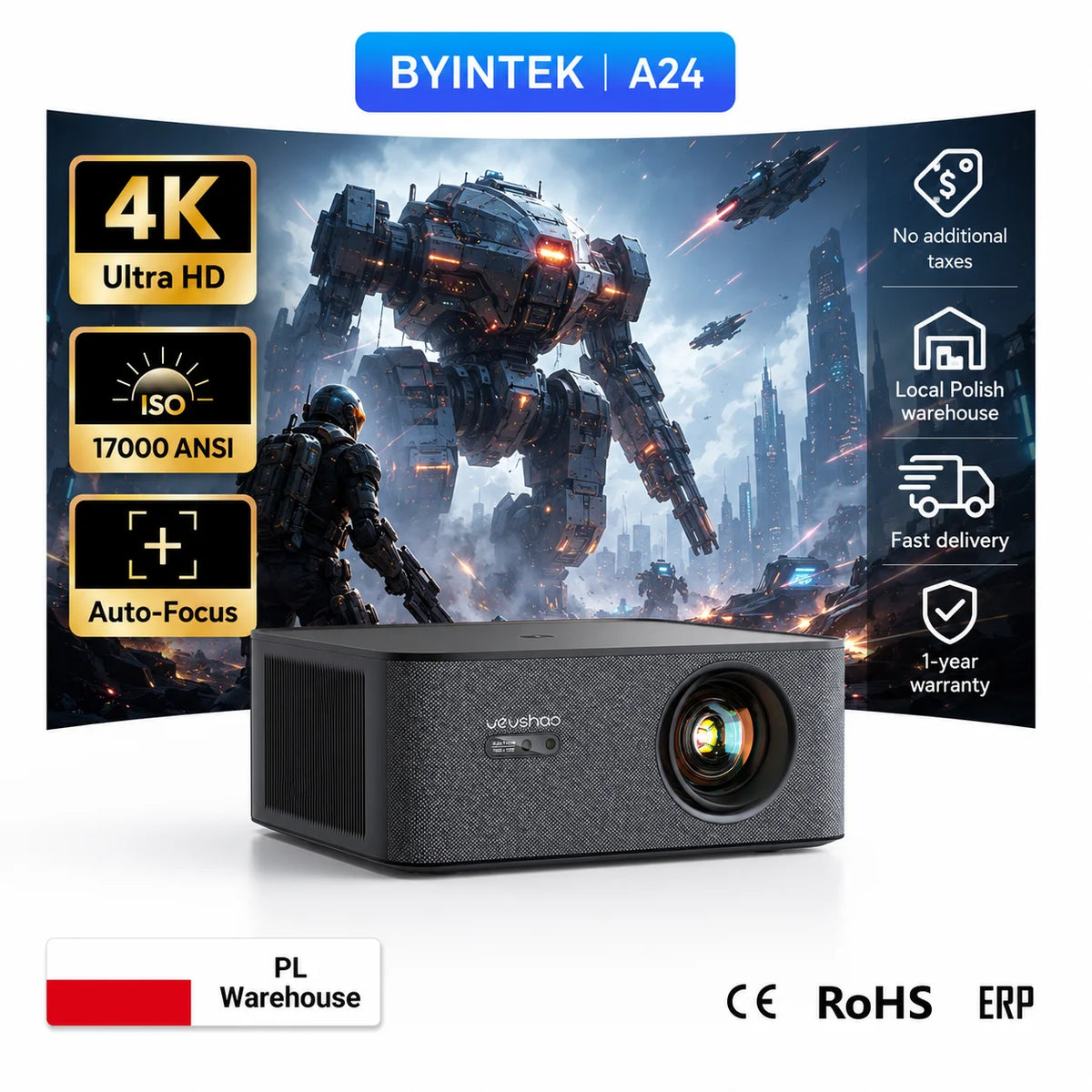 Proyector de Cine en Casa VEVSHAO Compatible con 4K, con Licencia Oficial de Google Android TV ATV, Resolución Máxima de 1080P, con Wifi para Video, Películas y Juegos