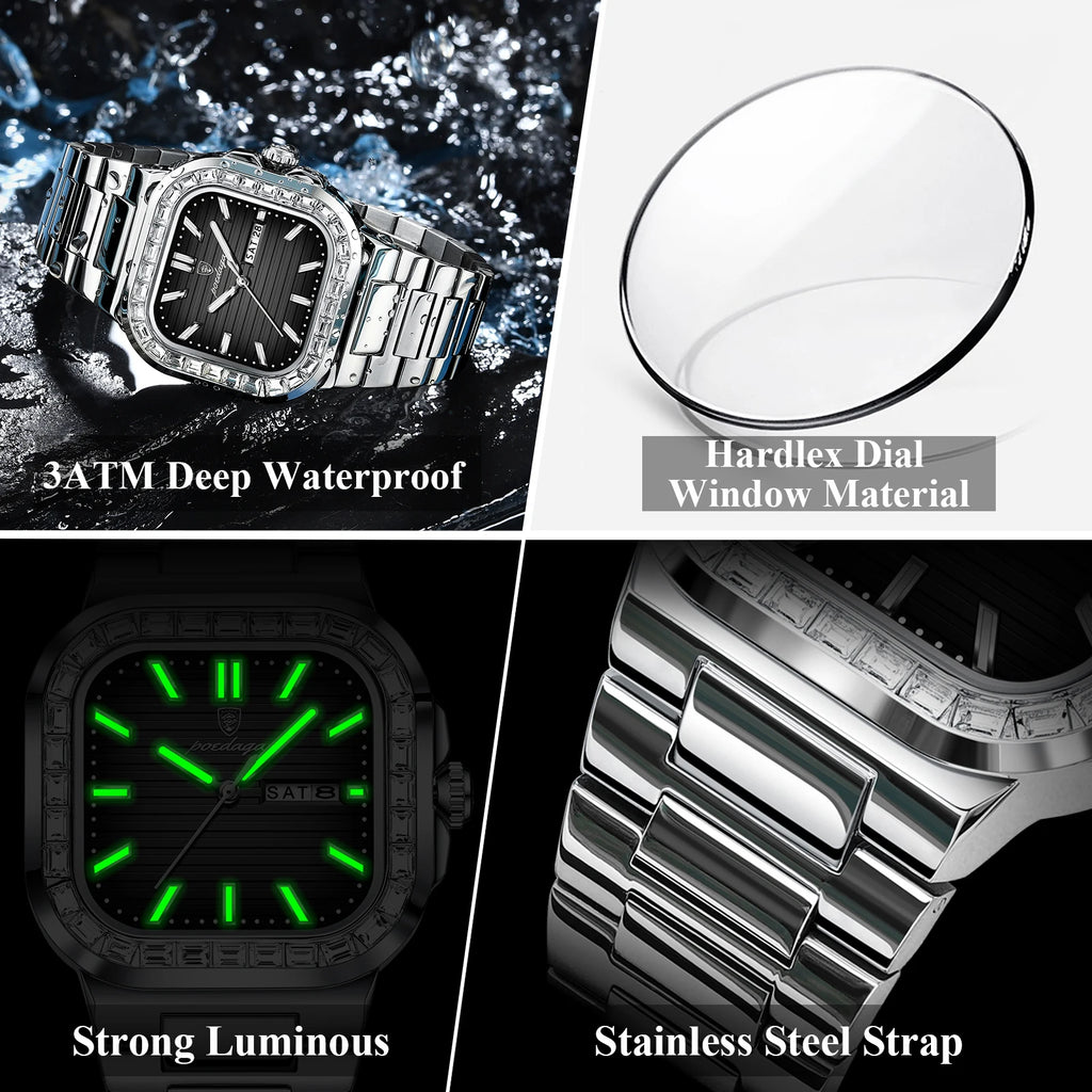 Reloj de cuarzo cuadrado para hombre POEDAGAR, a la moda, con fecha, semana, resistente al agua y luminoso, reloj de pulsera deportivo de lujo en acero inoxidable para hombre