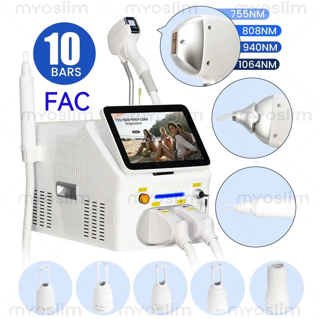 Dispositivo láser de diodo picosegundo FAC 6000W Soprano 2 en 1 de 4 longitudes de onda 755 808 940 1064nm para la reducción permanente del vello y la eliminación de tatuajes