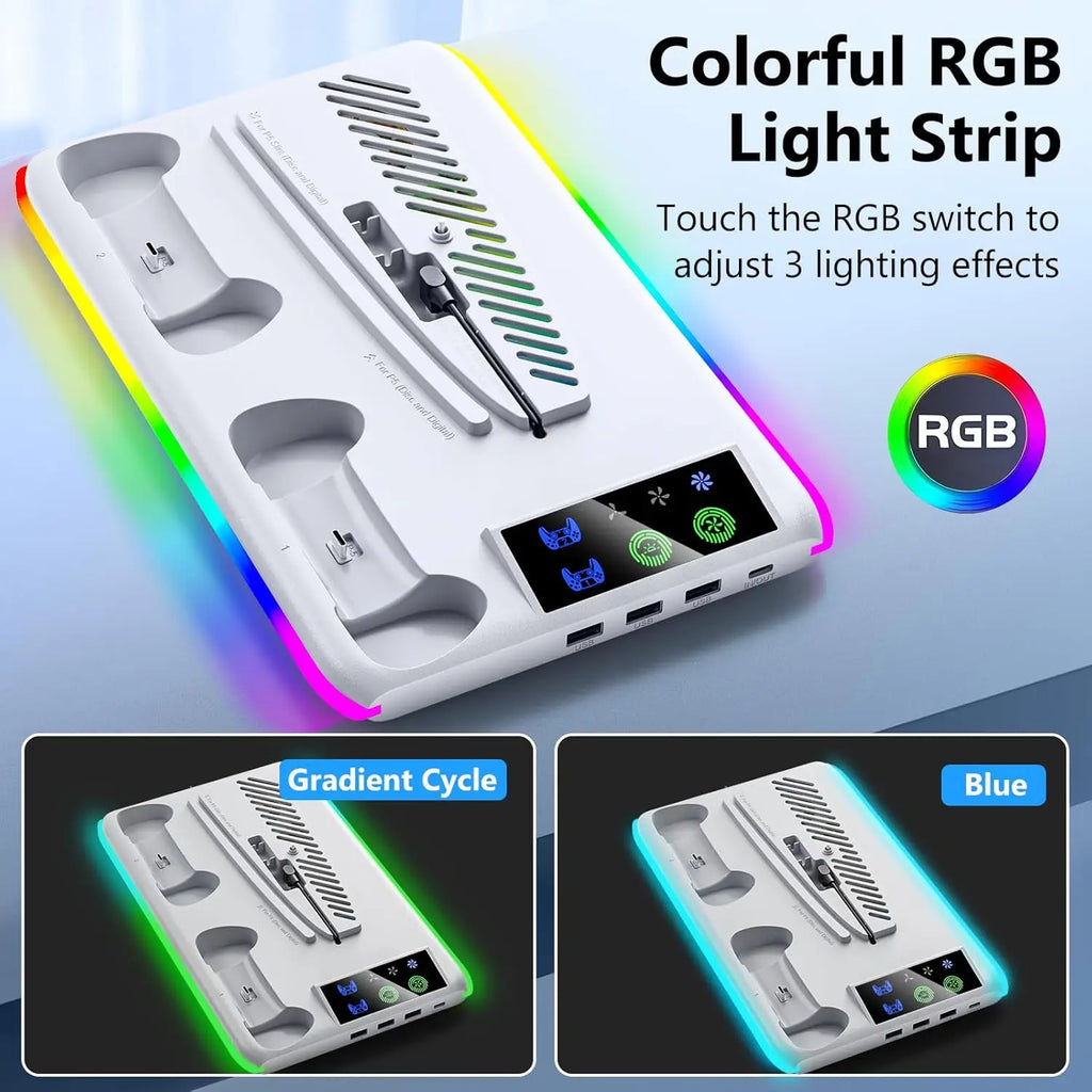 Base de refrigeración con estación de carga para mando LED para PS5/Slim/Pro, ventilador de refrigeración de 3 velocidades, accesorios para consola PlayStation 5