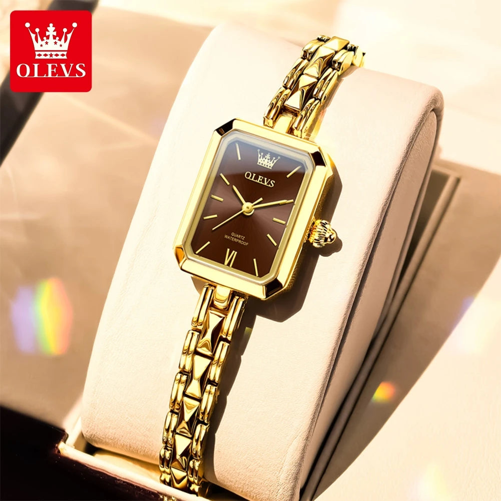 OLEVS Fashion Rectangle Women Watches Luxury Stainless Steel Gold Bracelet Analog Quartz Wristwatch For Ladies Clock Reloj Mujer