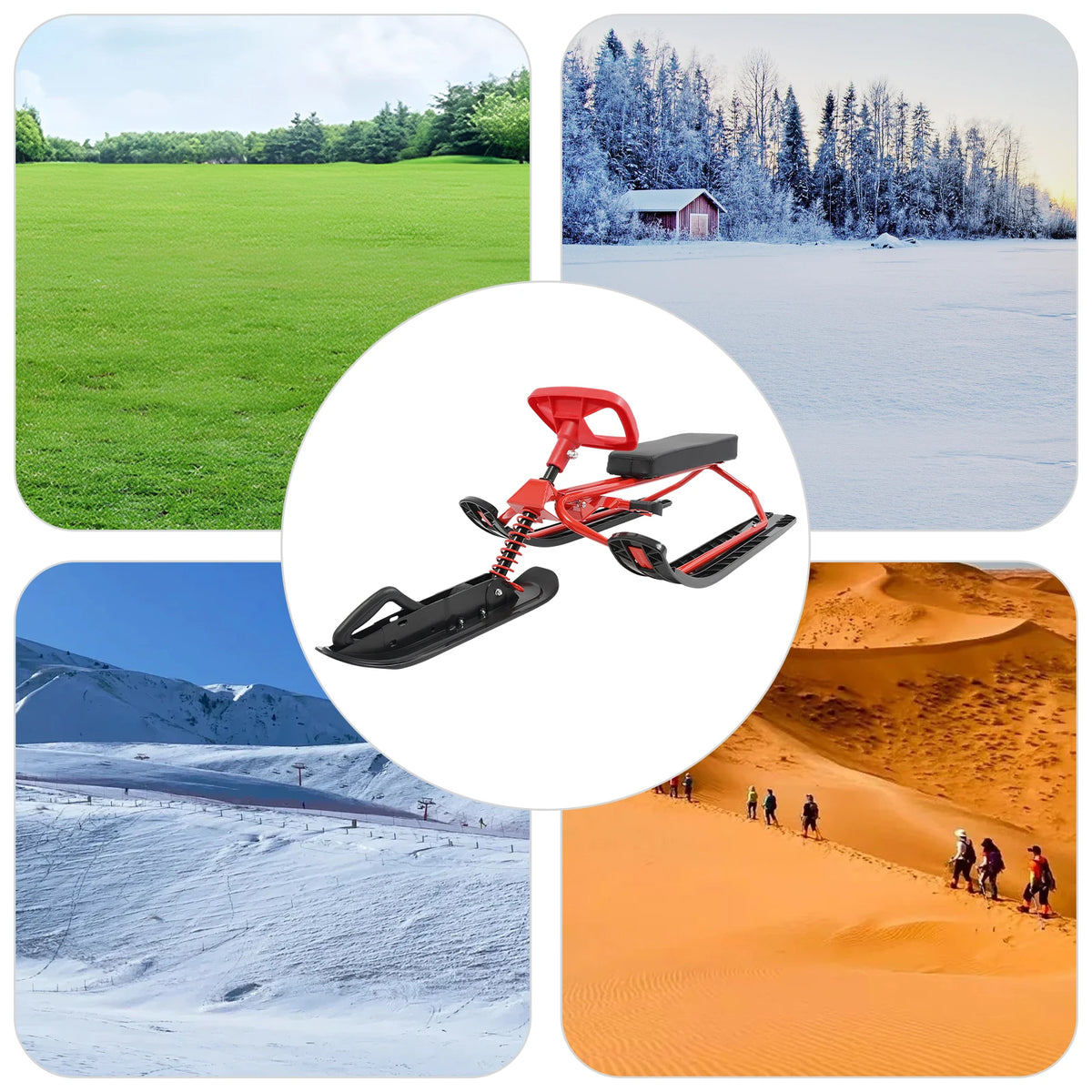 Trineo de Esquí de Invierno con Volante, Tabla Deslizante para Nieve de Alta Resistencia, Capacidad de Carga de 100 kg, Acero al Carbono, PU, para Niños, Adolescentes y Adultos